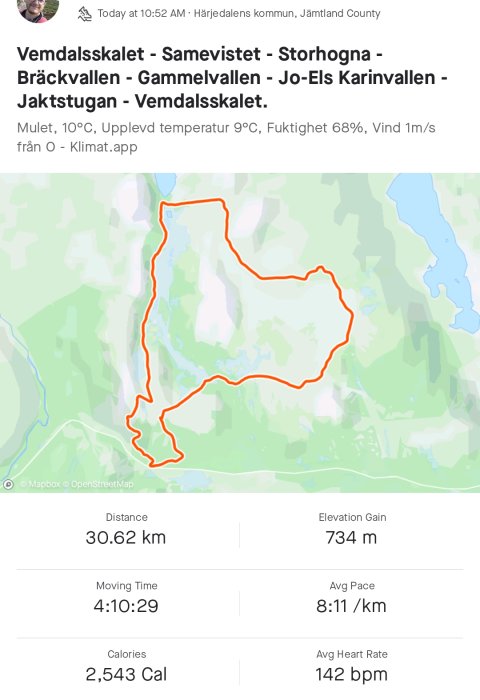 Kartskärmdump som visar GPS-spårning av en löprunda i terräng med statistik över distans, tid och kaloriförbrukning.