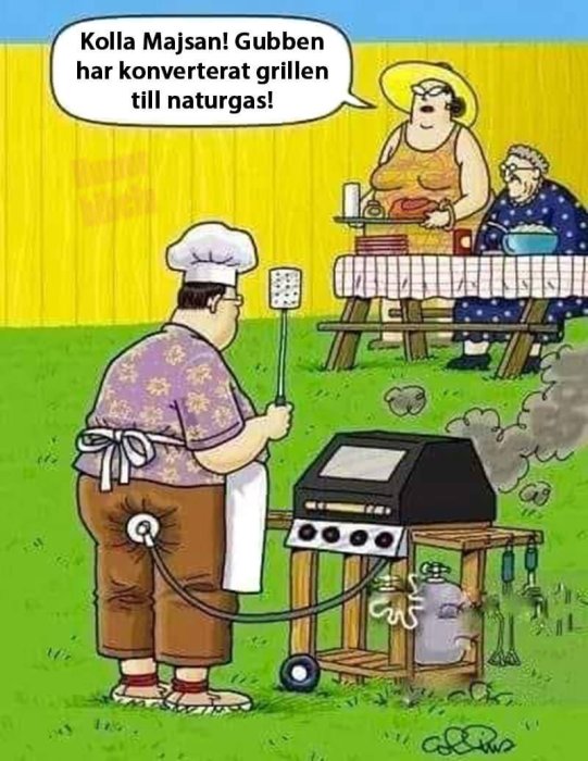Tecknad bild av en person som konverterat en grill till att använda naturgas, med en annan karaktär som observerar.