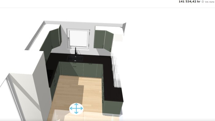 3D-vy av ett kök med hästskoformad bänkskiva, mörka skåp och inbyggda vitvaror.