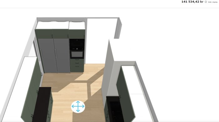 3D-vy över en planerad köksinredning med skåp och vitvaror i en hästskoformad layout.