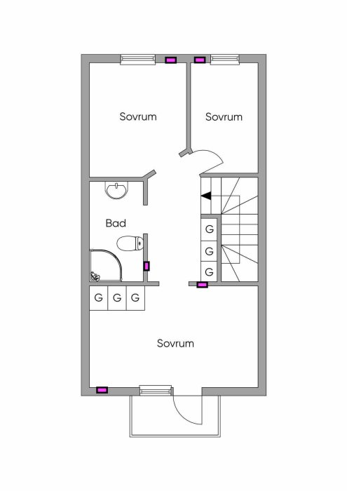 Schematisk ritning av en våningsplanslayout med tre sovrum och ett badrum, inklusive trappa och möblemang.