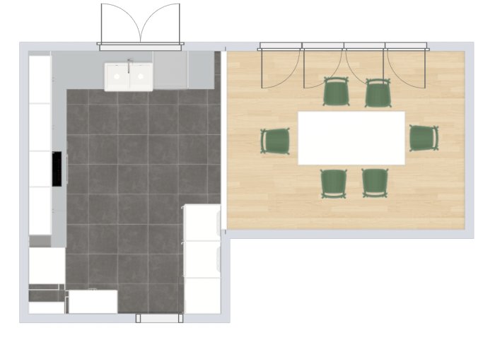 Översiktsplan av kök och matplats som visar möblering och köksutrustning, med fokus på öppningsmöjligheter.