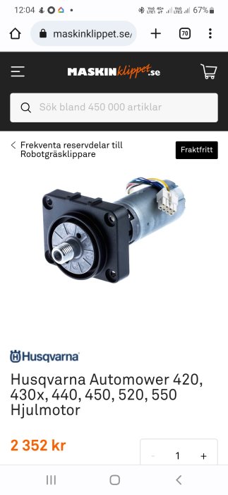 Hjulmotor till Husqvarna Automower visas på en produktförsäljningssida, priset är 2352 kr.