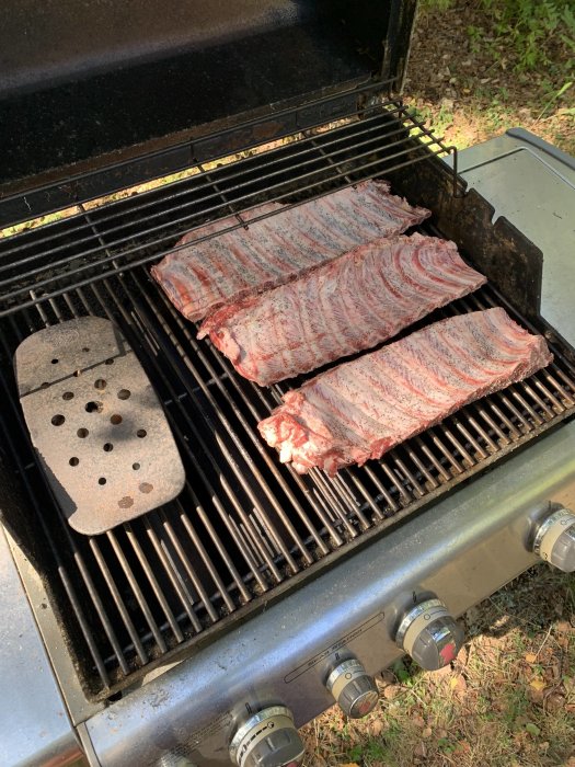 Ribbracks under rökning på grill med hickoryspån i byttan till vänster på landet.