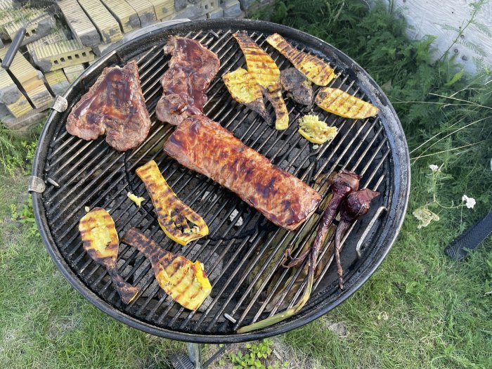 Grillad mat på grillgaller med köttstycken, majskolvar och grön sparris, utomhusmiljö.