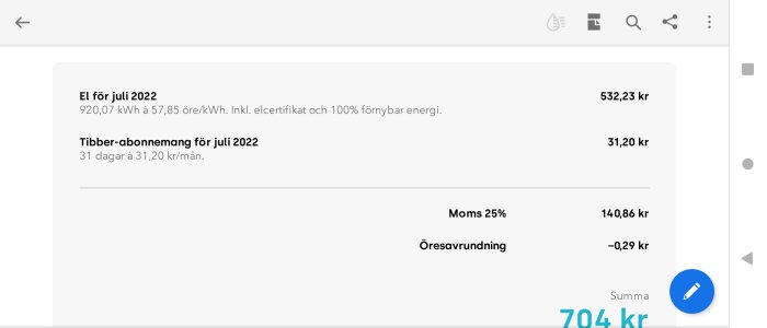Skärmdump av elräkning för juli 2022 med detaljerad kostnadsuppdelning, inklusive Tibber-abonnemang.