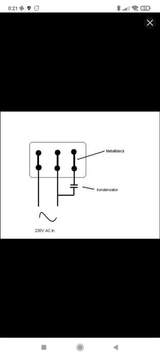 Schematisk bild av elanslutningar med metallock och kondensator för 230V AC.