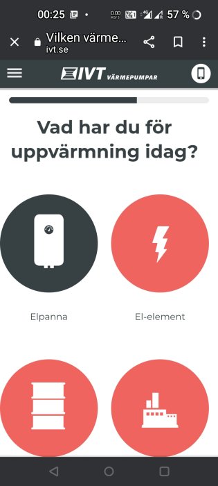 Skärmdump från IVT Värmepumpar webbsida som visar uppvärmningsalternativ: Elpanna, El-element.