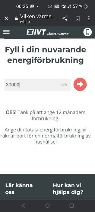 Skärmdump från IVT Värmepumpars webbplats visar fält för energiförbrukning med värdet 30000 kWh ifyllt.