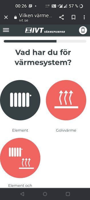 Skärmklipp från IVT Värmepumpars webbsida visar värmealternativ: element och golvvärme.