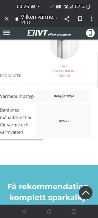 Skärmdump av IVT värmepumpar webbsida som visar modellen Premiumline HQ C8 och beräknad månadskostnad för värme och varmvatten.