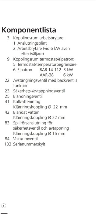 Sida från manual som visar en komponentlista för byggprojekt, inklusive termoelement och säkerhetsventiler.