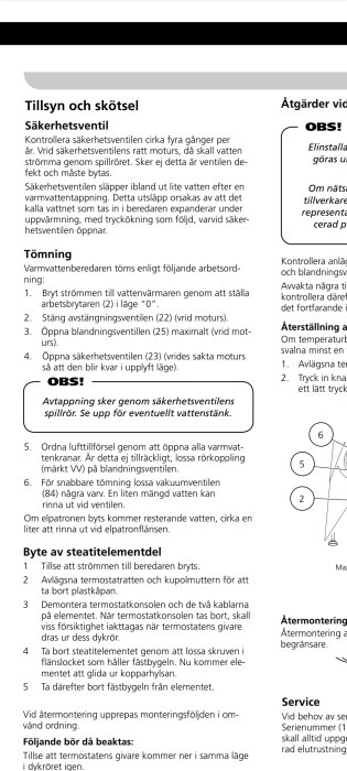 En instruktionssida för tillsyn och skötsel av säkerhetsventil och tömning av en varmvattenberedare.