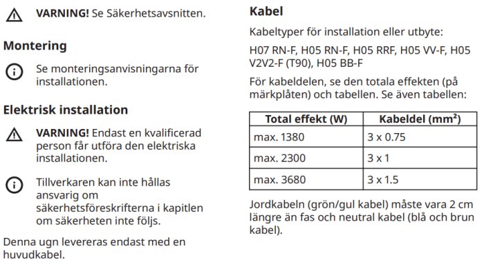 Skärmdump av instruktioner för montering och elektrisk installation med varningstexter och kabelspecifikationer.