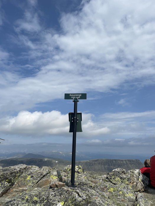 Skylt märkt 'Ranastongji 1900 moh' på bergstopp med molnig himmel i bakgrunden.