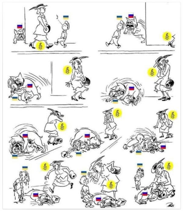 Tecknad serie i flera rutor där mynt kastas och olika figurer, en del med nationella flaggor, interagerar aggressivt.