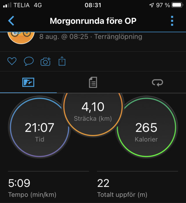 Skärmbild av träningsapp som visar resultatet av en morgonlöprunda med sträcka, tid, kaloriförbränning och tempo.