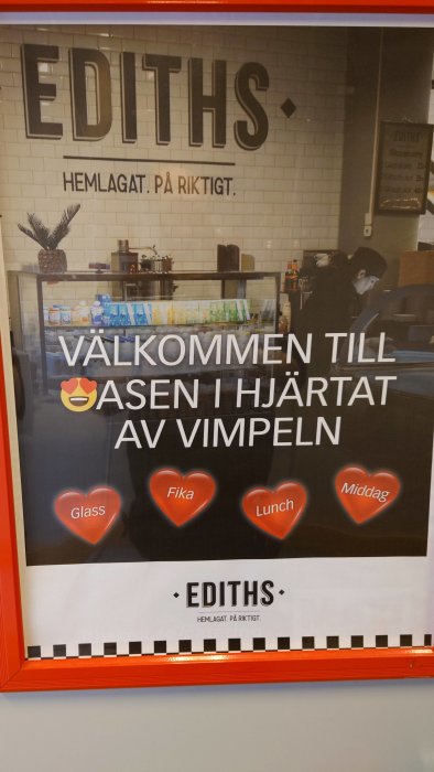 Reklamskylt för Ediths med texten "Välkommen till gasen i hjärtat av Vimpeln" där 'gasen' kan misstolkas.