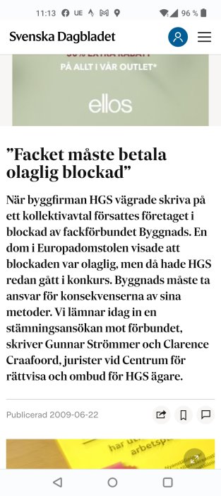 Skärmklipp av en artikel med rubriken "Facket måste betala olaglig blockad" och text om byggfirman HGS på Svenska Dagbladet webbsida.