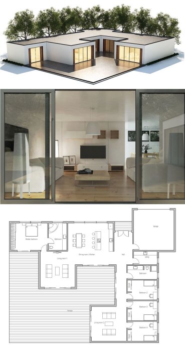 Arkitektritning och 3D-visualisering av ett modernt enplanshus med öppen planlösning och stora fönster.