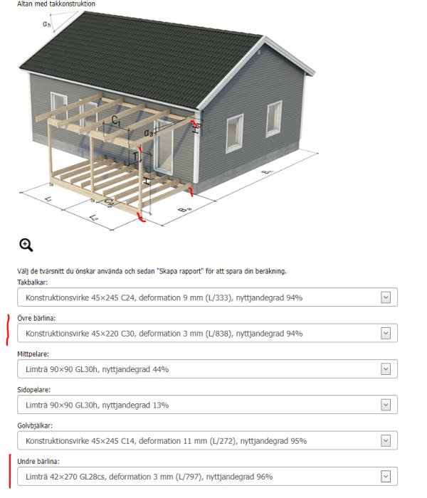 3D-ritning av ett hus med en detaljerad altankonstruktion och måttangivelser.