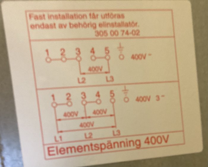 Elektriskt schema för trefasinstallation med varningar och spänningsangivelser.