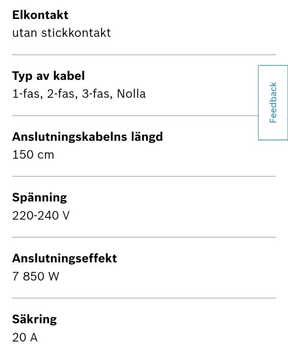 Teknisk specifikation för anslutning av spis med 7850W effekt och kabellängd på 150 cm.