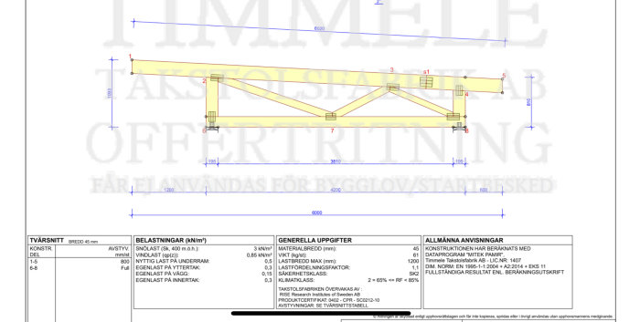 Ritning av en träbalk med mått, belastningsinformation och specifikationer för byggprojekt.