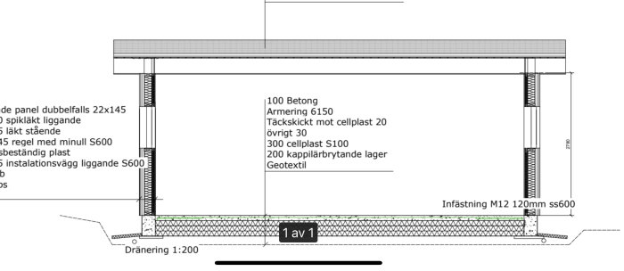 Sektionsritning av garage med måttangivelser och detaljer för konstruktionsmaterial.