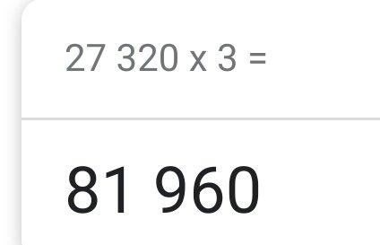 En kalkyl som visar multiplikationen 27320 gånger 3 lika med 81960, som relaterar till batteripris beräkning.