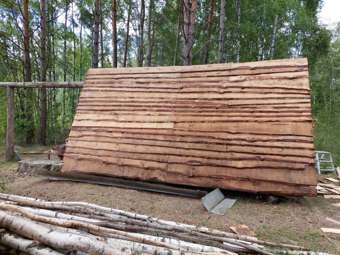 Trädel av takkonstruktion mot skogsbakgrund, ej helt färdigställt, utan nockplåt.