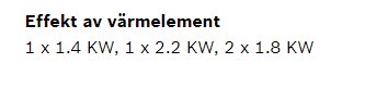 Text som visar effekt av värmeelement för en spis: "1 x 1.4 KW, 1 x 2.2 KW, 2 x 1.8 KW".