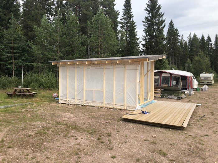 Nybyggd förstuga med vindskydd och golvvärme, placerad i skogsmiljö med campingenheter i bakgrunden.