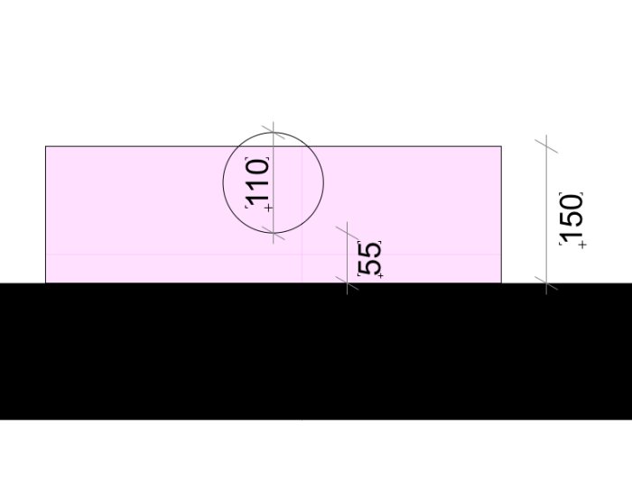 Teknisk ritning med måttangivelser, visar en sektion med en inringad del markerad 110 och en längd på 150.