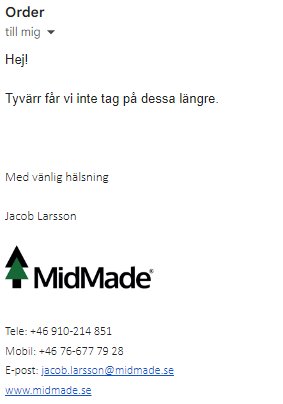 E-postsignatur för Jacob Larsson med logotypen för MidMade, kontaktuppgifter och hälsningsfras.