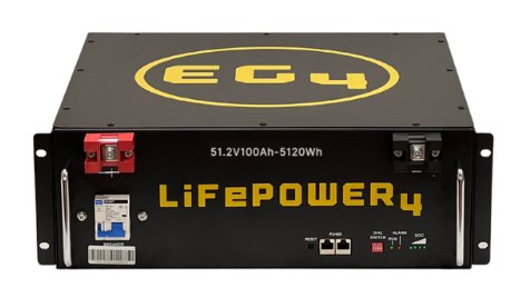 EG4 LifePO4 batteri för solenergisystem med märkningar och anslutningsportar.