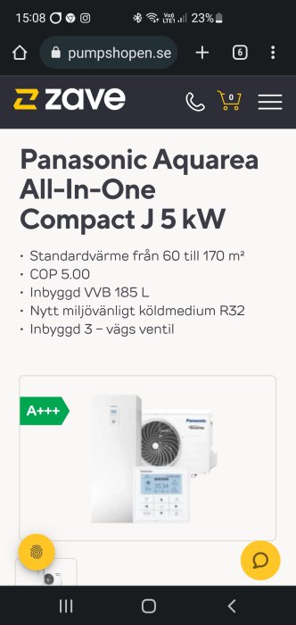 Skärmavbild av Panasonic Aquarea All-In-One Compact J 5 kW luft-vattenvärmepump på en webbsida.