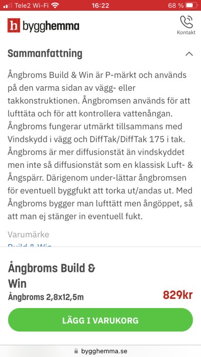 Skärmdump från bygghemma.se som visar informationsbeskrivning och pris för Ångbroms Build & Win, 829 kr.