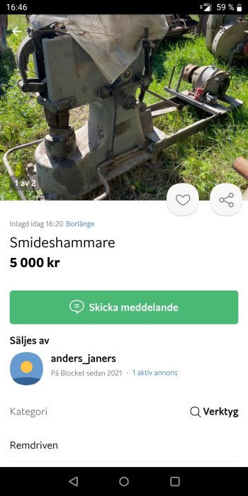 Begagnad smideshammare till salu i utomhusmiljö.