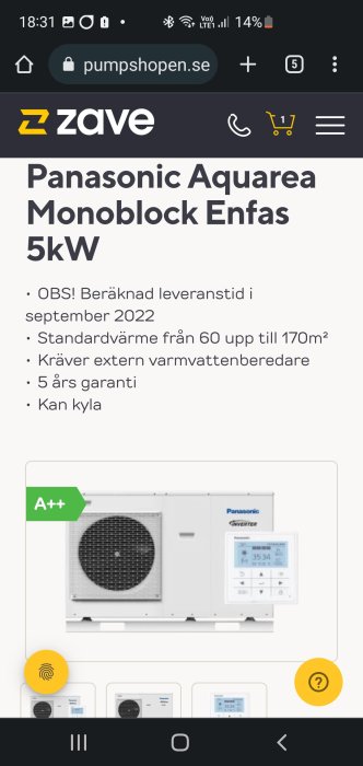 En Panasonic Aquarea Monoblock värmepump på en webbshop-sida, med energiklass A++.