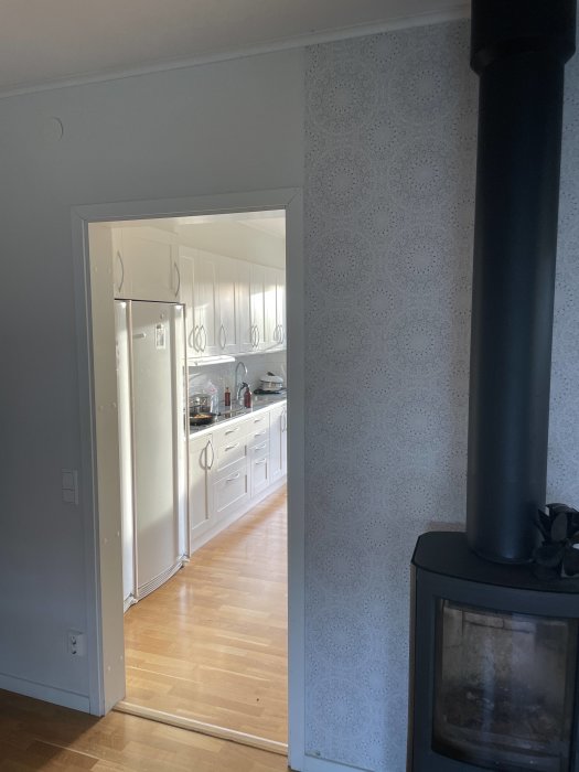 Kynnys ja oviaukko, johon viereisen huoneen keittiö näkyy. Oikeassa reunassa on musta takka. Ylempi osa seinästä on vaaleana kuvioitu.