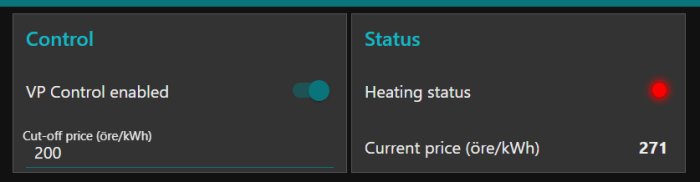 Interfacedisplay visar "Control" med "VP Control enabled" och avstängningspris samt "Status" med värme och aktuellt elpris.