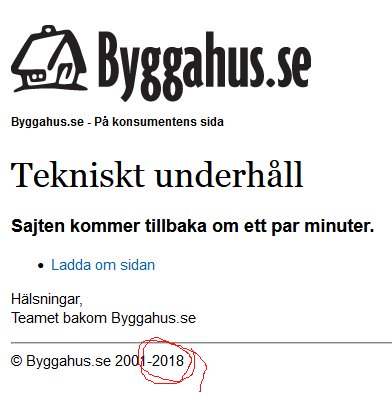 Skärmklipp av Bygghus.se's websida med besked om tekniskt underhåll och notis om återkomst inom några minuter.