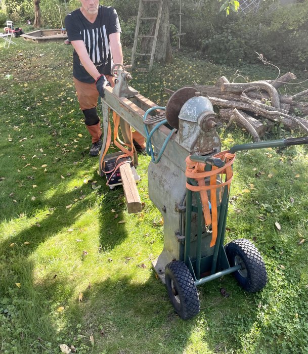 Person baxar en gammal stor svarv på en vagn i en trädgård.