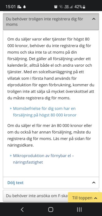 Skärmdump av en diskussionstråd som ger information om momsregistrering och försäljning av el från solcellsanläggningar.