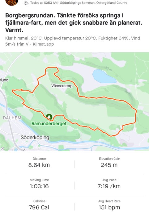 Skärmdump av joggingrunda på karta med statistik: 8.64 km, tid 1:03:16, 796 Cal, i Söderköping.