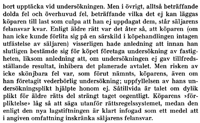 Bild av en textutdrag om "dolt fel" och undersökningsplikt från Karlgren 1972 som diskuterar juridiska aspekter i fastighetsköp.