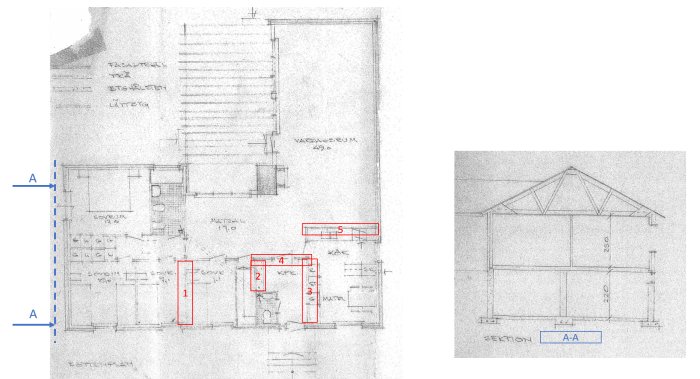 Handritade arkitektoniska ritningar av en byggnadsplan och sektion A-A.