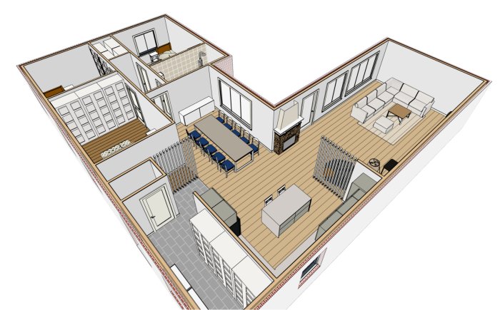 3D-ritning av ett hem med kök, vardagsrum, matplats och badrum i öppen planlösning.