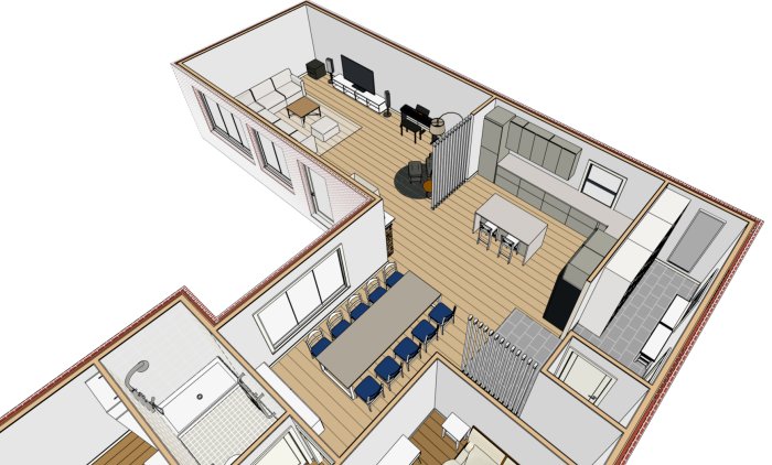 3D-ritning av en planlösning med vardagsrum, kök, badrum och sovrum.